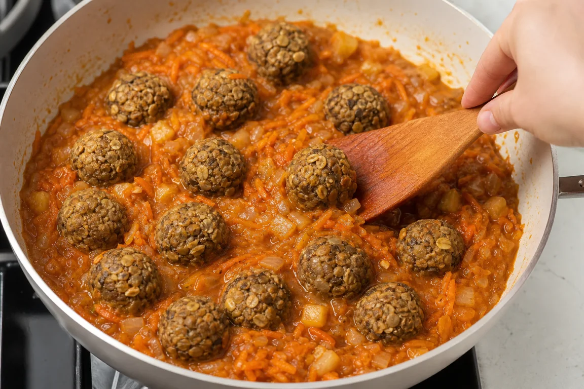 Illustration de l’étape « Étape 8 » pour la recette Boules de lentilles dans une sauce rouge douce et épicée.