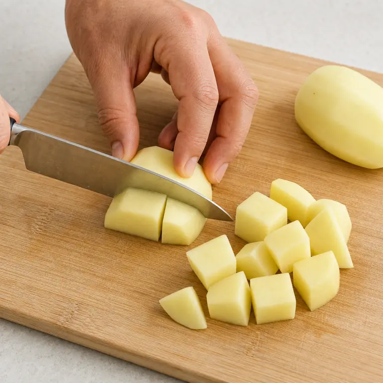 Gros plan pédagogique d'une main adulte qui épluche 250 g de pommes de terre, stabilise chaque pomme de terre sur une face plate puis coupe-la en cubes réguliers de 2 cm, avec lame visible, doigts en griffe, portion intacte et morceaux finis de taille lisible. Aucun autre aliment sur la planche.