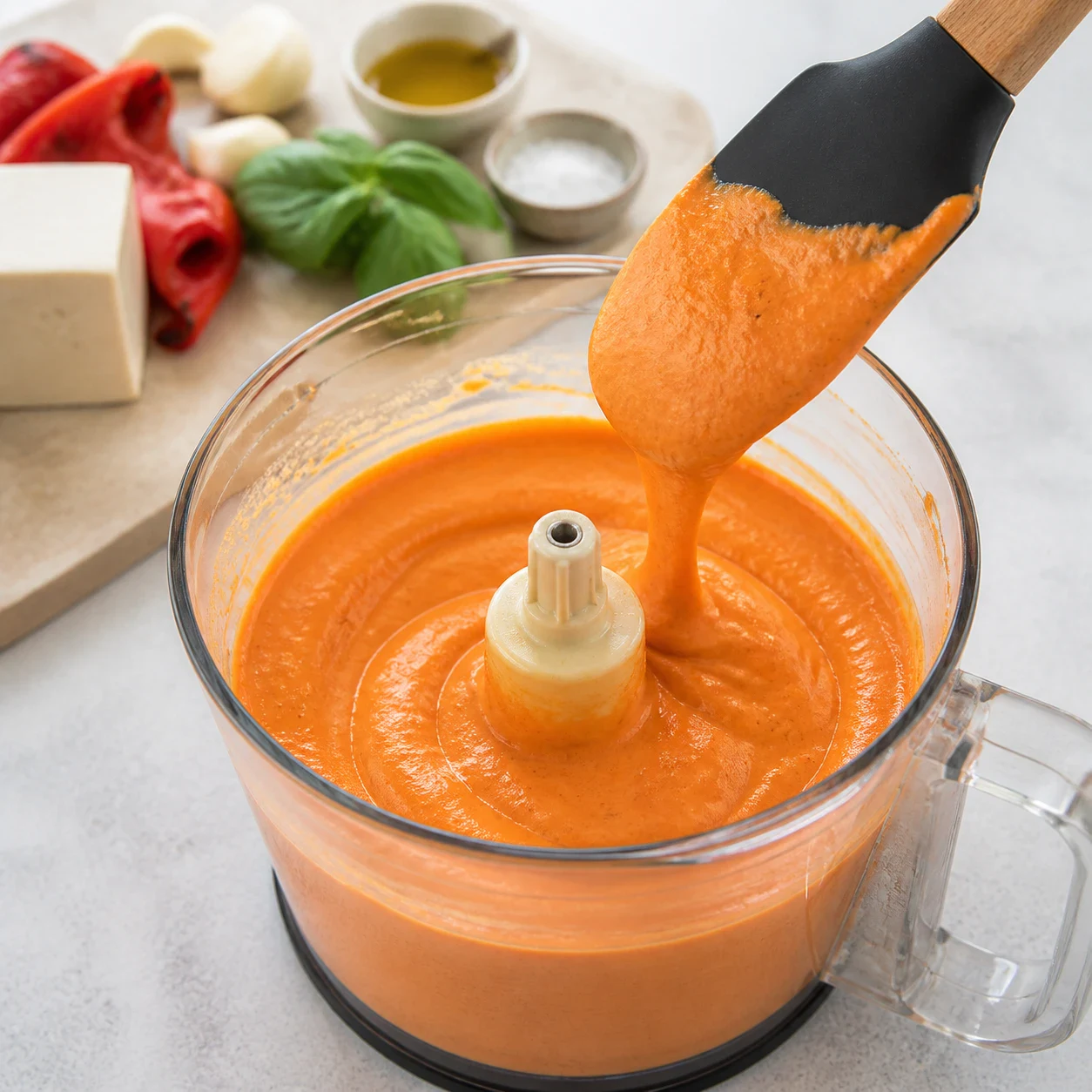 Mousse de poivrons orange corail lisse dans un bol de mixeur en verre, quelques feuilles de basilic vert encore visibles en surface et morceau de tofu blanc en cours d'incorporation, aucun texte, aucune marque.
