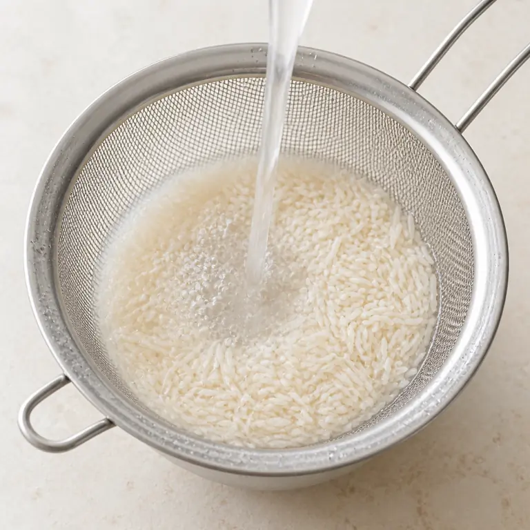 Gros plan pédagogique du geste en cours : rince 80 g de riz basmati dans une passoire fine jusqu'à ce que l'eau soit presque claire. Montrer uniquement cet ingrédient et l'ustensile nécessaire.