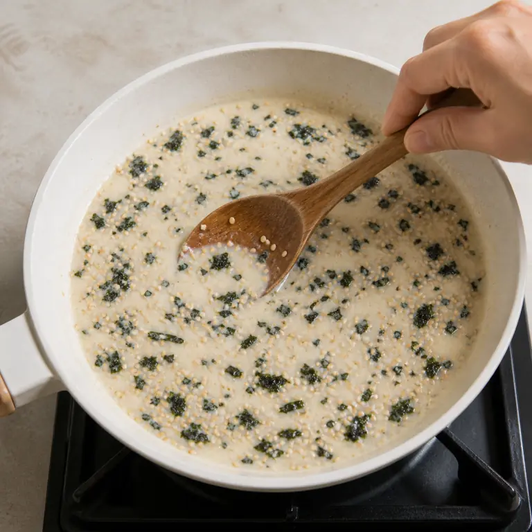 Une sauce végétale crémeuse avec paillettes de nori et graines de sésame.