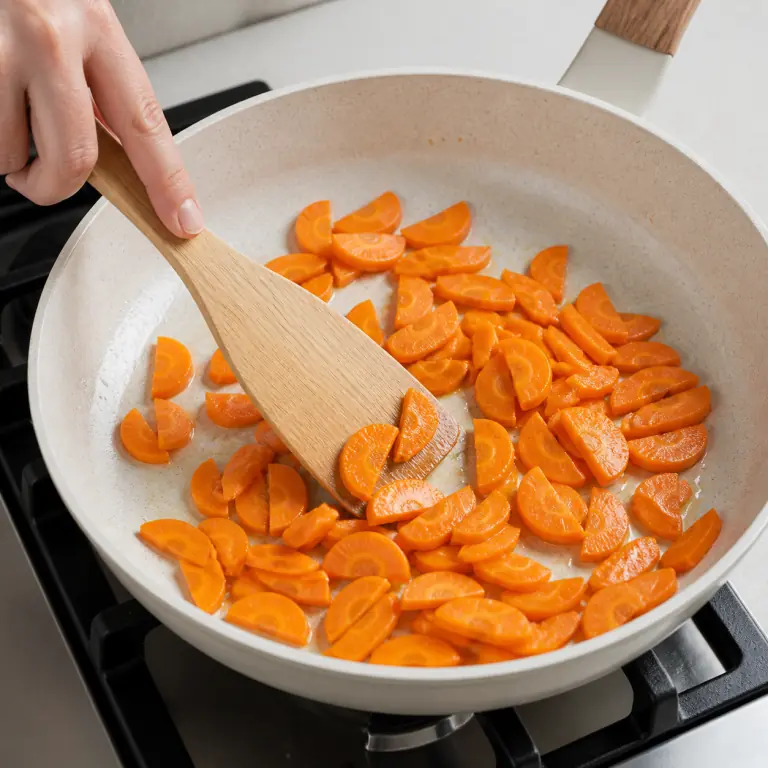 Gros plan pédagogique de fais revenir les demi-rondelles de 150 g de carotte jusqu'à ce qu'elles soient tendres mais encore nettes. Montrer le récipient exact, une main adulte avec l'ustensile adapté et la couleur ou texture qui prouve la cuisson. Aucun autre aliment ne doit masquer le résultat.