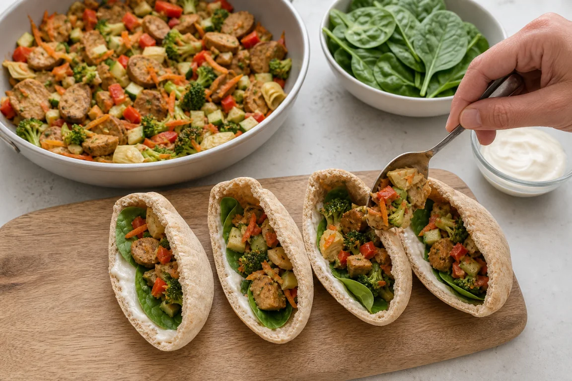 Illustration de l’étape « Étape 2 » pour la recette Pain pita garni de légumes frais et de seitan.