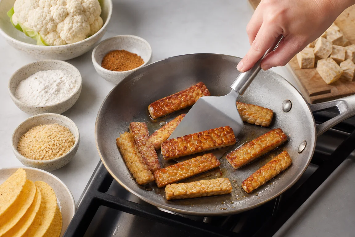 Illustration de l’étape « Étape 8 » pour la recette Tacos de Tempeh avec du chou-fleur cuit et cuit.