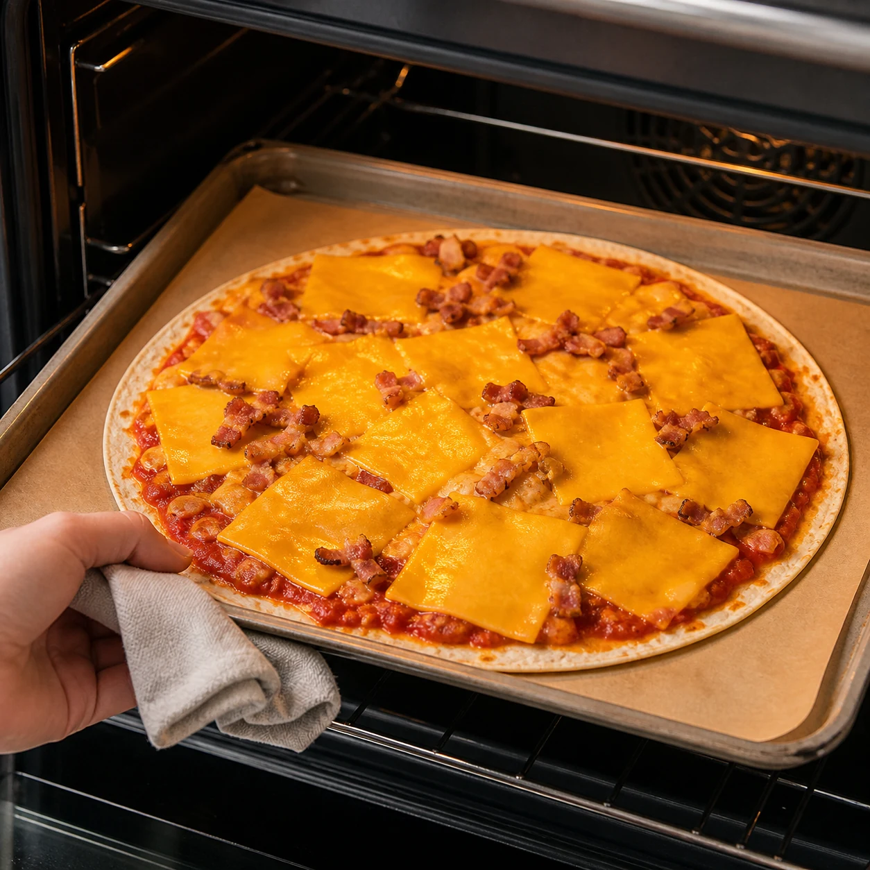 Pizza-tortilla aux lardons — garnir et cuire
