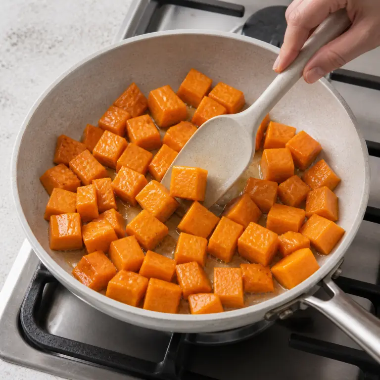 Gros plan pédagogique de fais cuire les cubes de 250 g de patate douce à feu moyen jusqu'à ce qu'ils soient tendres sans se défaire. Montrer le récipient exact, une main adulte avec l'ustensile adapté et la couleur ou texture qui prouve la cuisson. Aucun autre aliment ne doit masquer le résultat.