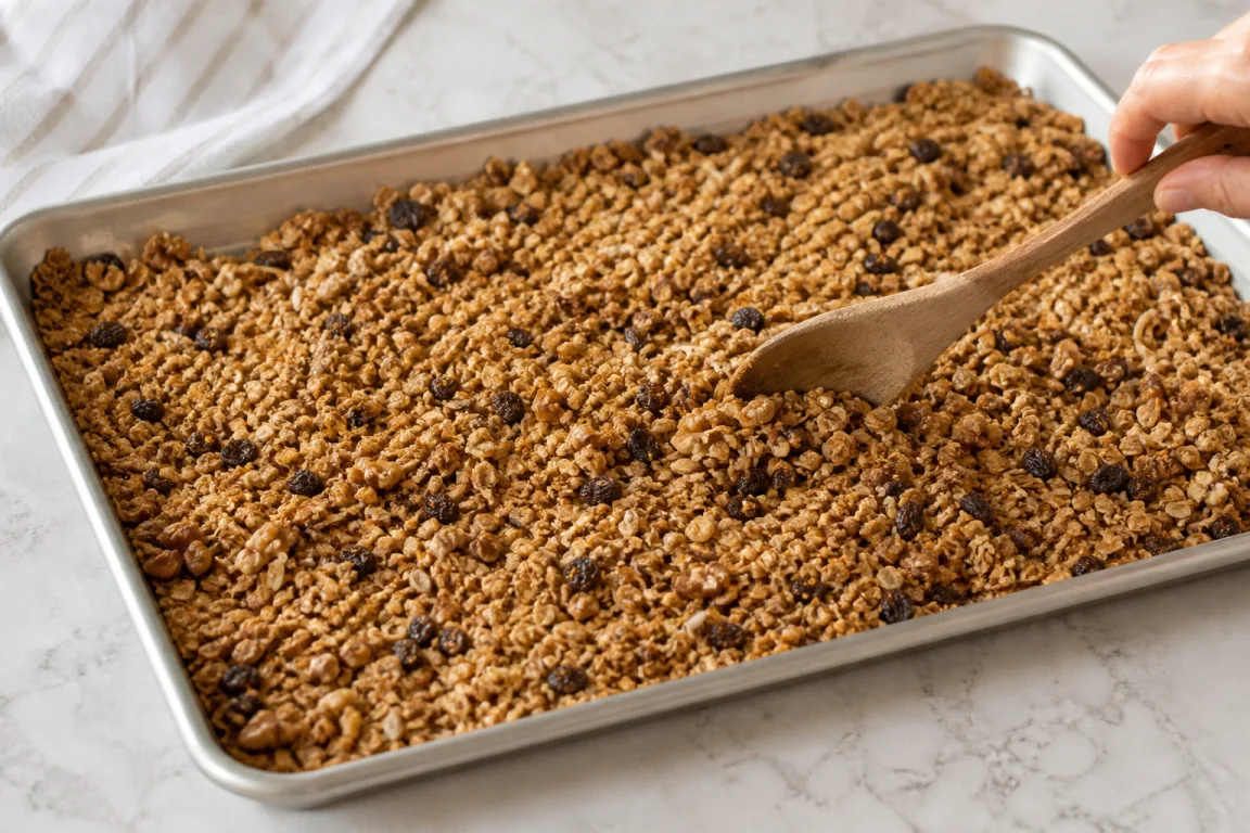 Illustration de l’étape « Étape 3 » pour la recette Graines, noix et fruits Granola cuit.