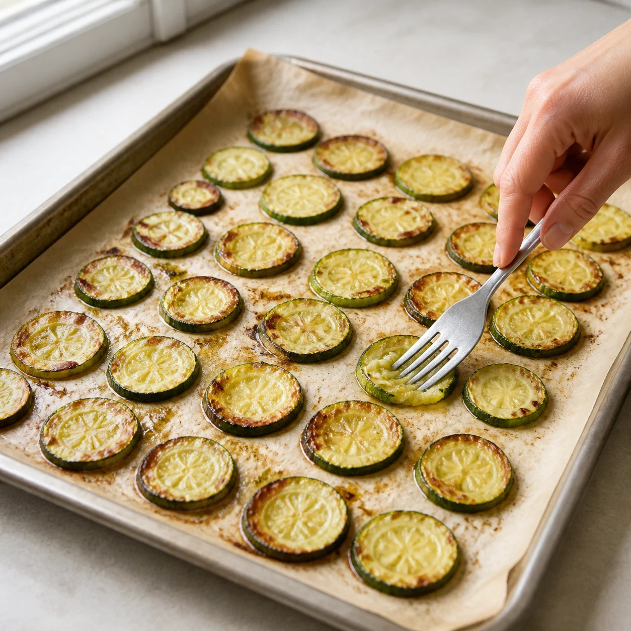 Tranches de courgette rôties affaissées et dorées sur les bords, encore sur leur plaque de cuisson avec papier sulfurisé légèrement bruni, aucune main, aucun texte.