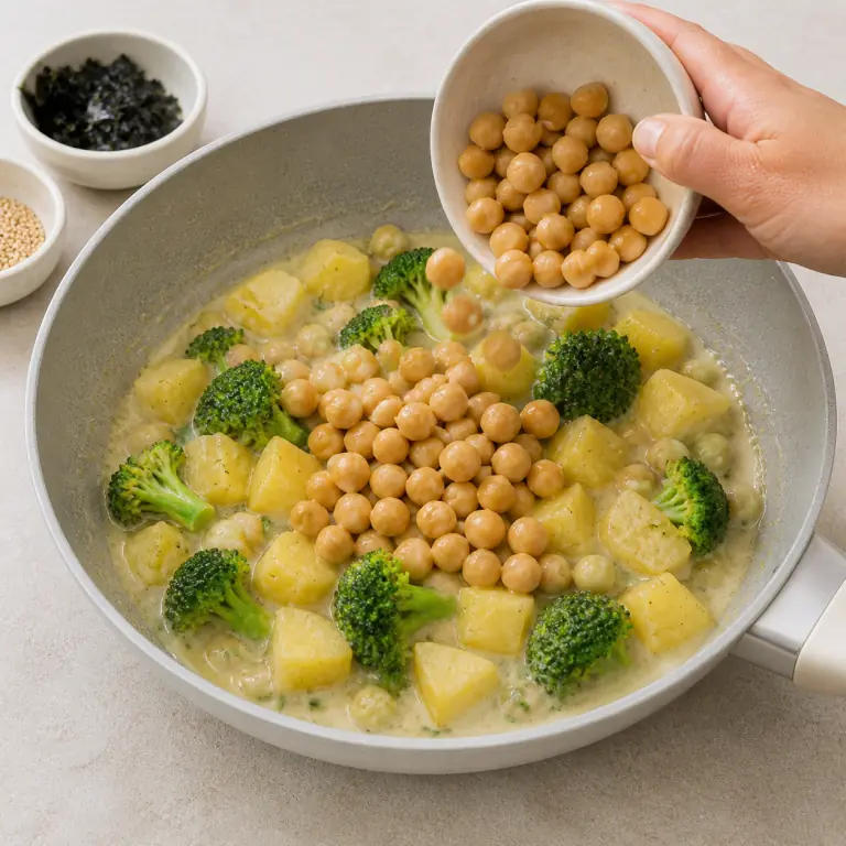 Un bol final de pommes de terre pois chiches nori avec légumes, pois chiches, nori et sésame.