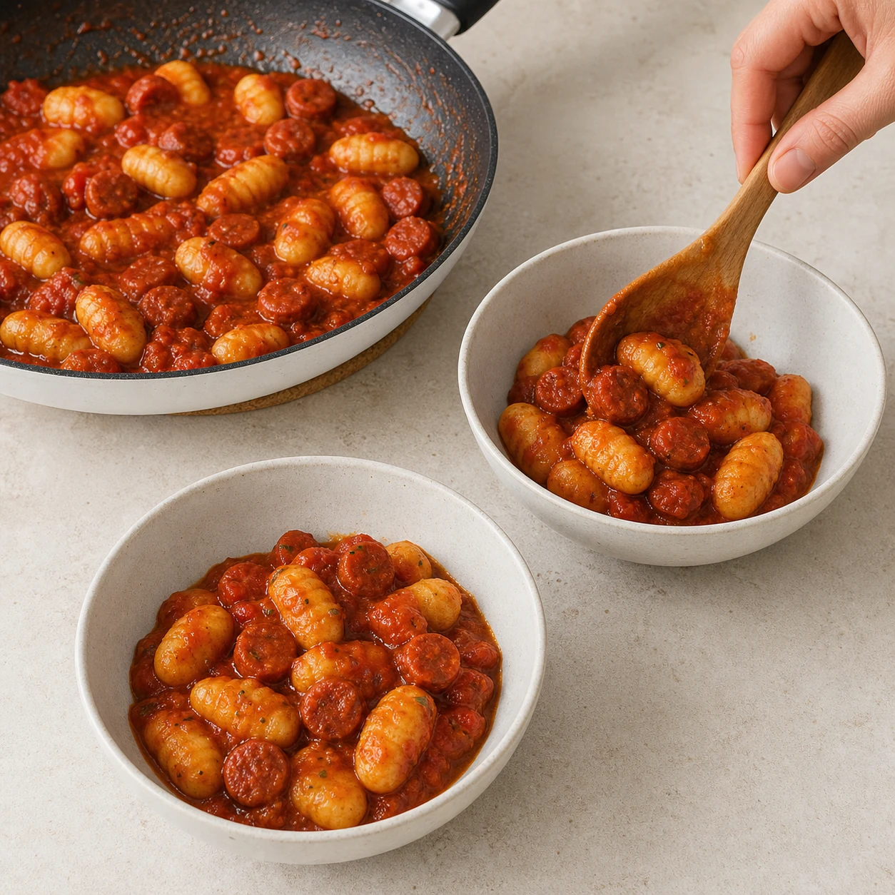 Gnocchis au mini-chorizo — servir bien chaud