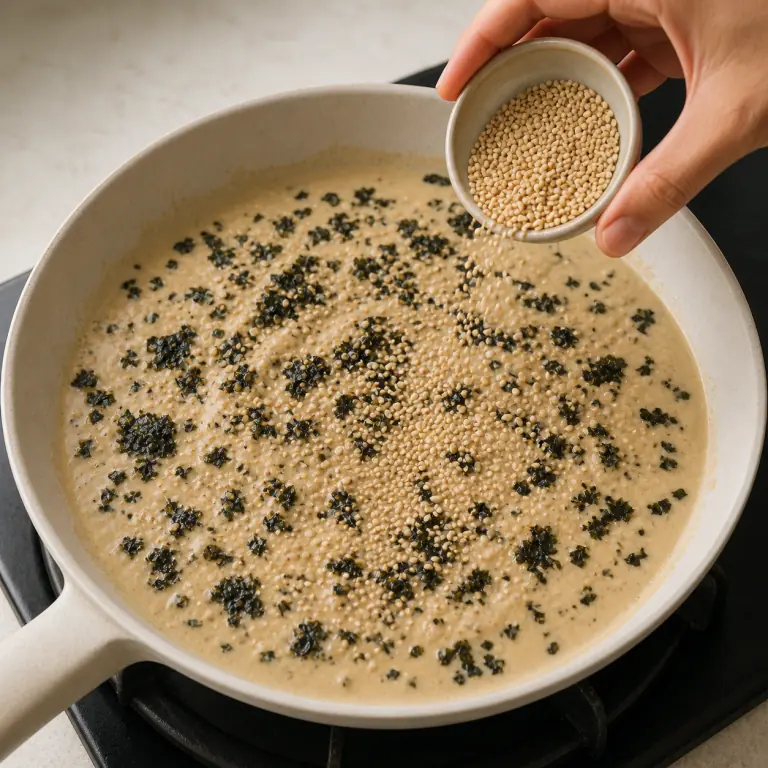 Une sauce végétale crémeuse avec paillettes de nori et graines de sésame.