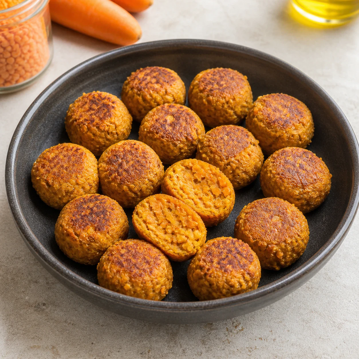 Boulettes rondes orange de la taille d'une noix, surface dorée par plaques, disposées côte à côte dans un bol en grès sombre. Aucune sauce, aucune main, aucun texte, aucune marque.