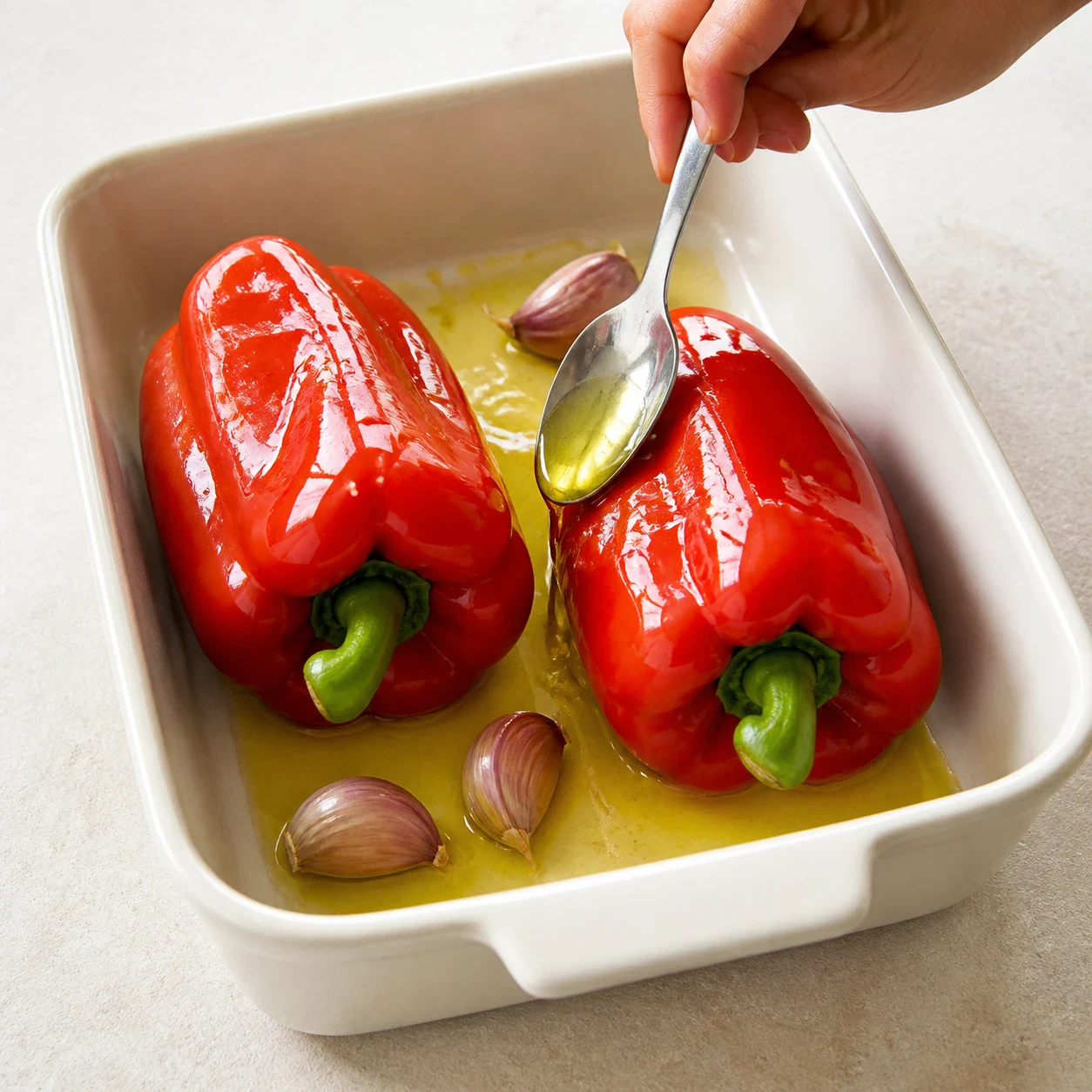 Deux poivrons rouges entiers et quatre gousses d'ail non épluchées dans un plat de cuisson en céramique claire, filet d'huile d'olive brillant sur les poivrons et flaque d'huile au fond, aucun texte, aucune marque.