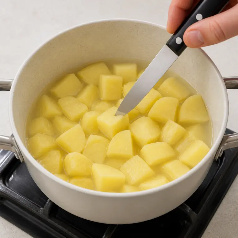 Gros plan pédagogique de fais cuire les cubes de 250 g de pommes de terre jusqu'à ce que la pointe d'un couteau entre sans résistance. Montrer le récipient exact, une main adulte avec l'ustensile adapté et la couleur ou texture qui prouve la cuisson. Aucun autre aliment ne doit masquer le résultat.