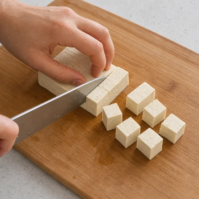 Gros plan pédagogique d'une main adulte qui égoutte et éponge 180 g de tofu, puis coupe-le en cubes réguliers de 2 cm avec les doigts repliés en griffe, avec lame visible, doigts en griffe, portion intacte et morceaux finis de taille lisible. Aucun autre aliment sur la planche.