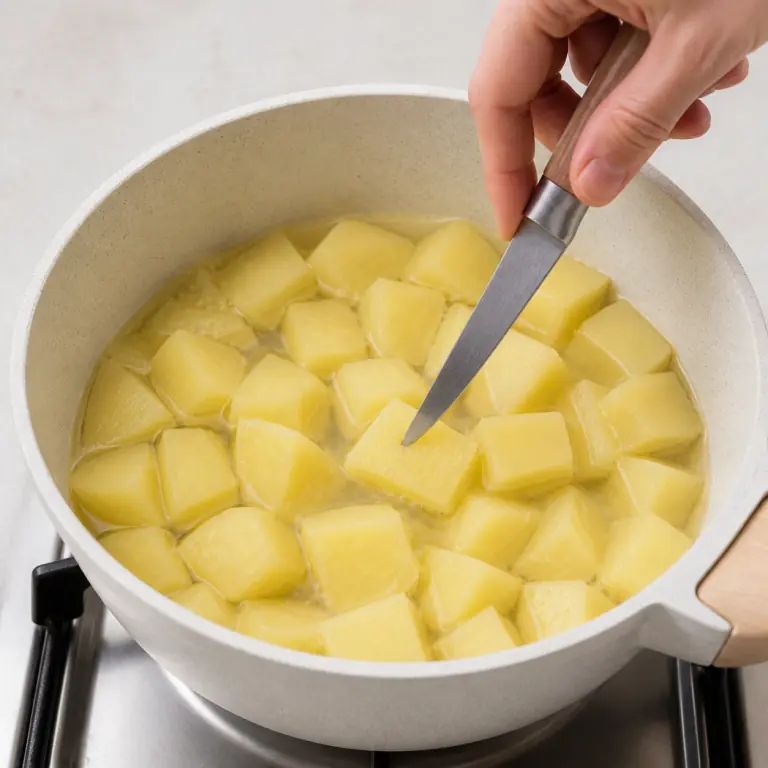 Gros plan pédagogique de fais cuire les cubes de 250 g de pommes de terre jusqu'à ce que la pointe d'un couteau entre sans résistance. Montrer le récipient exact, une main adulte avec l'ustensile adapté et la couleur ou texture qui prouve la cuisson. Aucun autre aliment ne doit masquer le résultat.