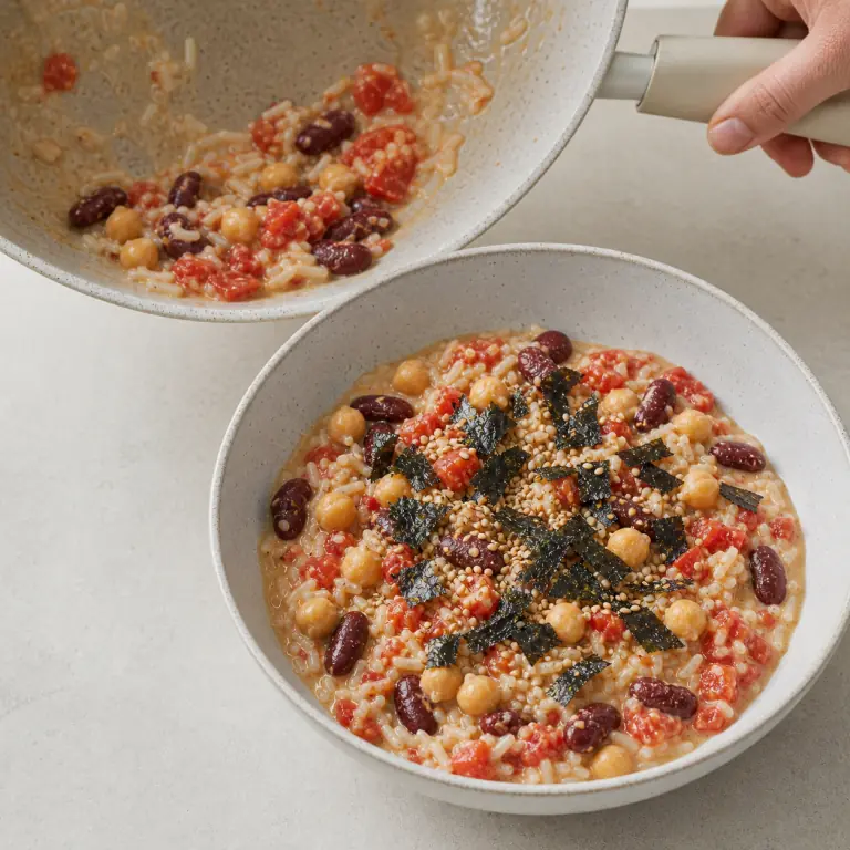 Un bol final de riz chili sésame nori avec légumes, pois chiches, nori et sésame.