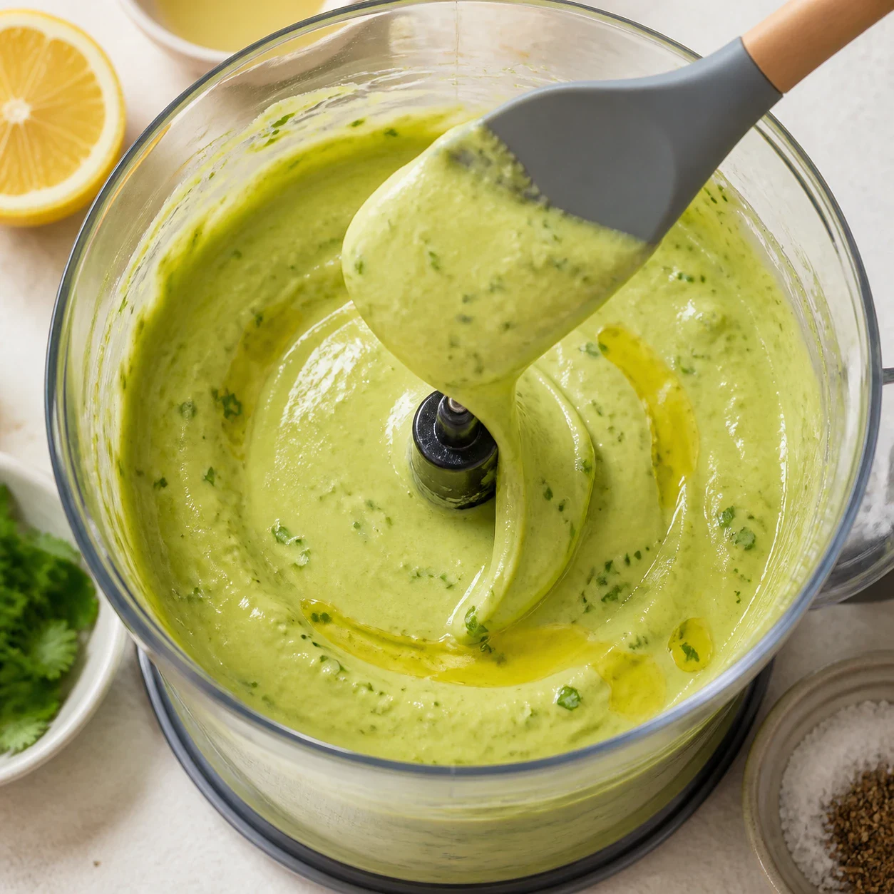 Mousse d'avocat vert pâle et lisse dans un bol de mixeur, avec des petits points verts de coriandre hachée, un filet d'huile d'olive et un filet de jus de citron encore visibles en surface, spatule appuyée contre la paroi, aucune main, aucun texte, aucune marque.