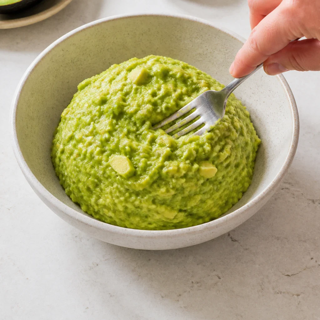Guacamole vert vif légèrement grumeleux dressé en dôme dans un bol en grès clair posé sur un plan de travail blanc, morceaux d'avocat visibles en surface, aucune herbe, aucun piment, aucune chips, aucun texte, aucune marque.
