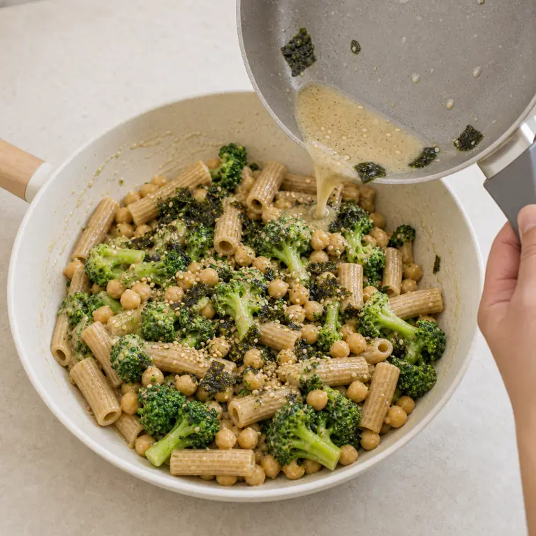 Un bol final de pâtes brocoli nori avec légumes, pois chiches, nori et sésame.