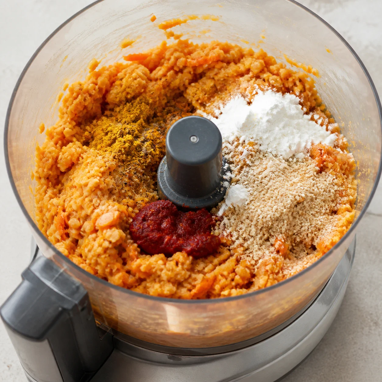 Bol de robot contenant une farce orange texturée mêlant lentilles corail cuites, carottes râpées crues, oignon et ail au curry et concentré de tomate, chapelure beige et Maïzena blanche encore visibles en surface. Aucune main, aucun texte, aucune marque.