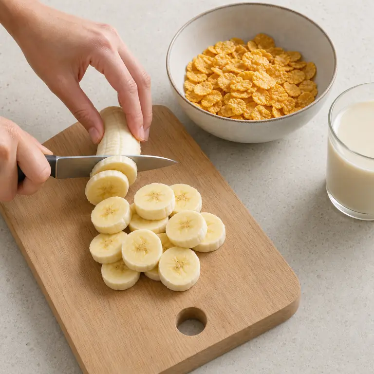 banane préparés à côté d'un bol de céréales, sans autre garniture.