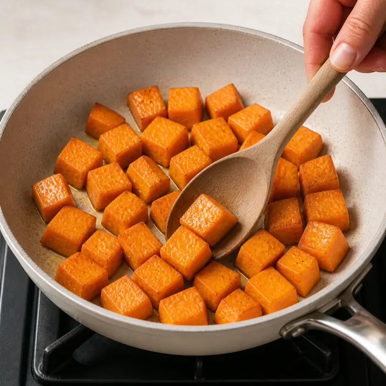 Gros plan pédagogique de fais cuire les cubes de 250 g de patate douce à feu moyen jusqu'à ce qu'ils soient tendres sans se défaire. Montrer le récipient exact, une main adulte avec l'ustensile adapté et la couleur ou texture qui prouve la cuisson. Aucun autre aliment ne doit masquer le résultat.