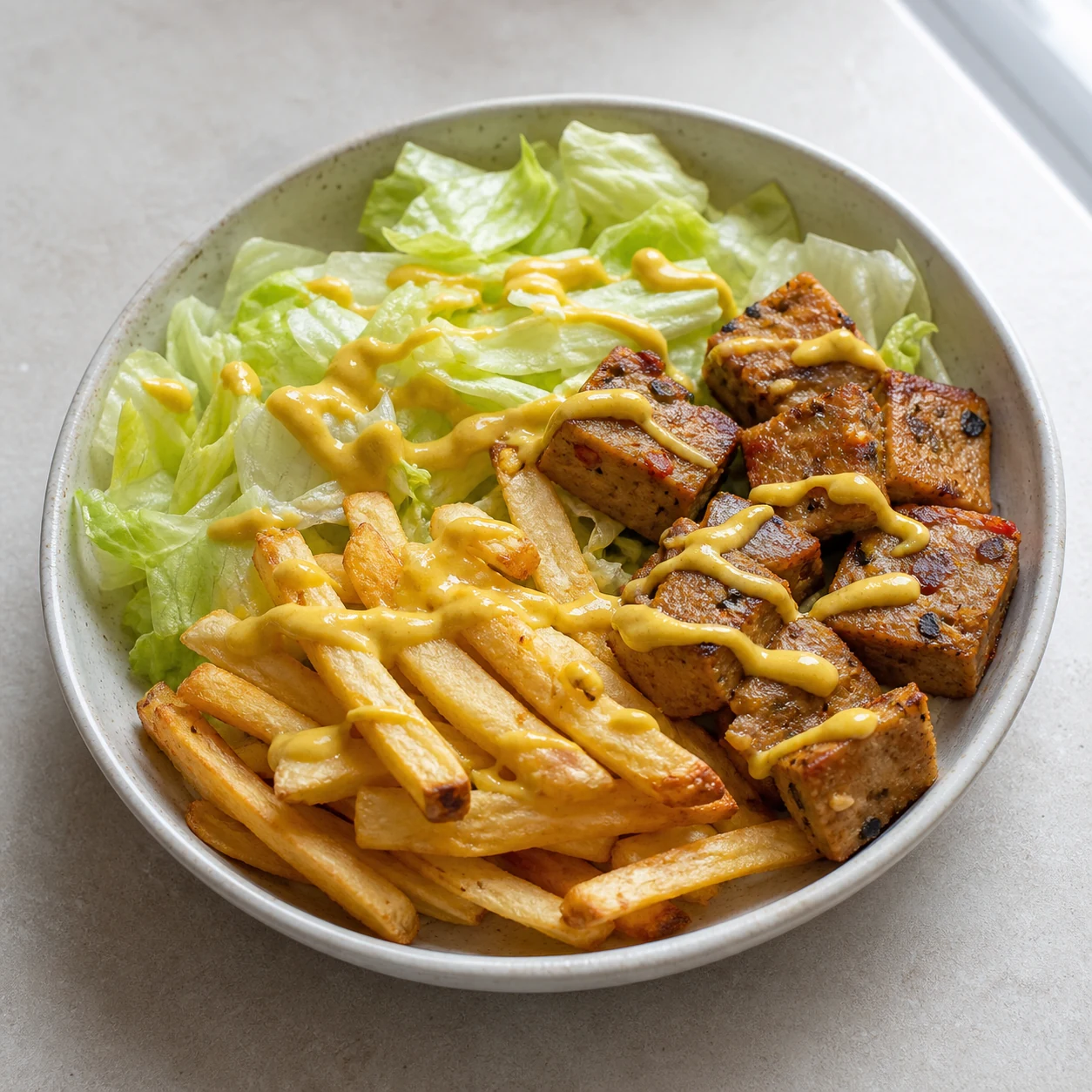 Seitan-frites-salade — ajouter salade et moutarde