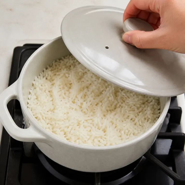 Gros plan pédagogique de fais cuire 80 g de riz basmati à petit frémissement, couvercle posé, jusqu'à absorption de l'eau. Montrer le récipient exact, une main adulte avec l'ustensile adapté et la couleur ou texture qui prouve la cuisson. Aucun autre aliment ne doit masquer le résultat.