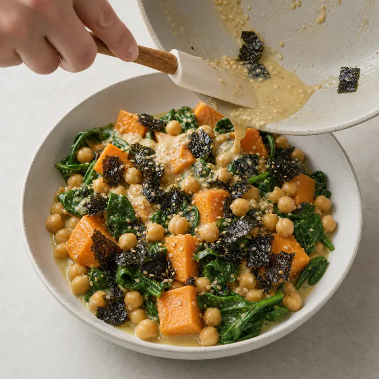 Un bol final de patate douce épinards nori avec légumes, pois chiches, nori et sésame.