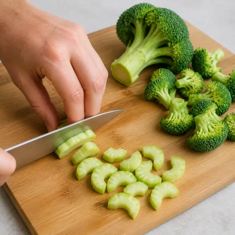 Gros plan pédagogique d'une main adulte qui rince 180 g de brocoli, détache des fleurettes de taille bouchée au couteau, puis pèle la tige et coupe-la en demi-rondelles de 5 mm, avec lame visible, doigts en griffe, portion intacte et morceaux finis de taille lisible. Aucun autre aliment sur la planche.