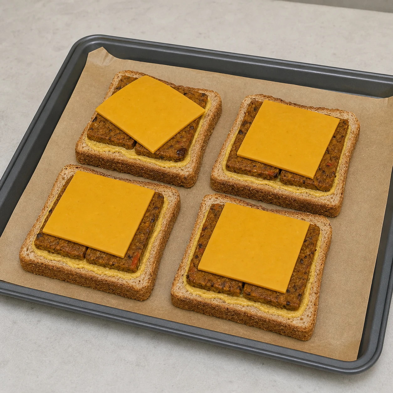 Toasts seitan-cheddar — garnir les tartines