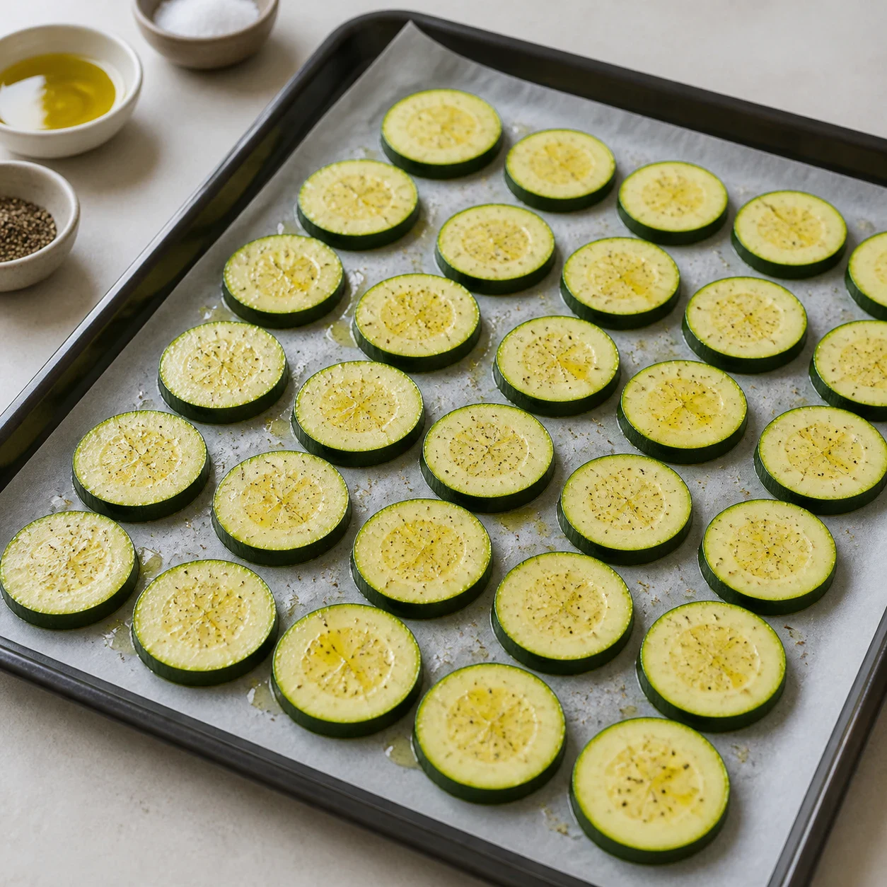 Tranches de courgette huilées étalées en une seule couche sur une plaque de cuisson recouverte de papier sulfurisé, reflets d'huile d'olive et grains de poivre noir moulu visibles, aucune main, aucun texte.