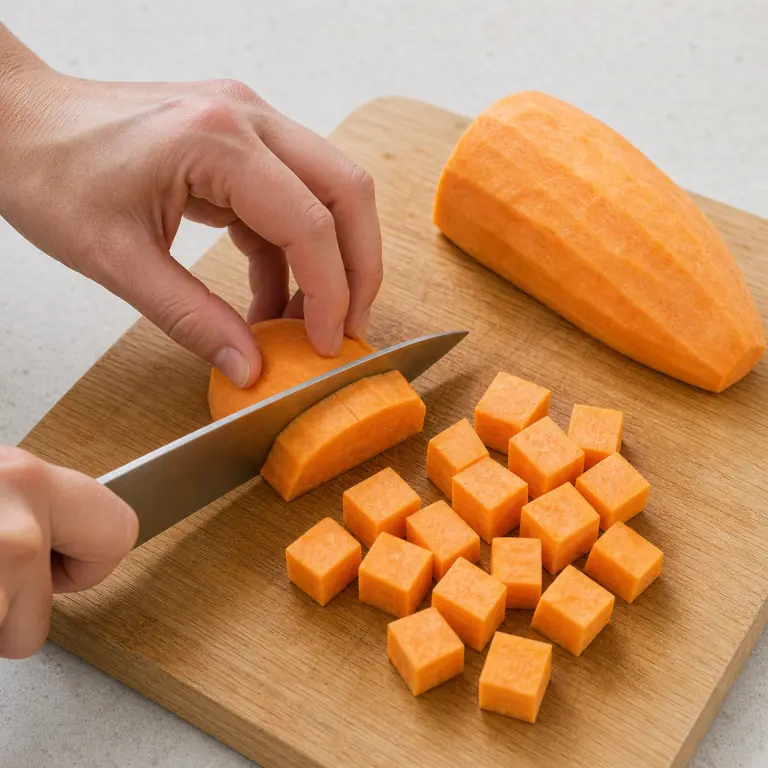 Gros plan pédagogique d'une main adulte qui épluche 250 g de patate douce, coupe-la en deux pour créer une face stable puis détaille-la en cubes réguliers de 2 cm, avec lame visible, doigts en griffe, portion intacte et morceaux finis de taille lisible. Aucun autre aliment sur la planche.