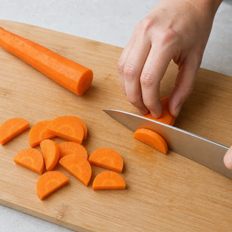 Gros plan pédagogique d'une main adulte qui épluche 150 g de carotte, stabilise-la sur la planche puis coupe-la en demi-rondelles régulières de 5 mm avec les doigts repliés en griffe, avec lame visible, doigts en griffe, portion intacte et morceaux finis de taille lisible. Aucun autre aliment sur la planche.