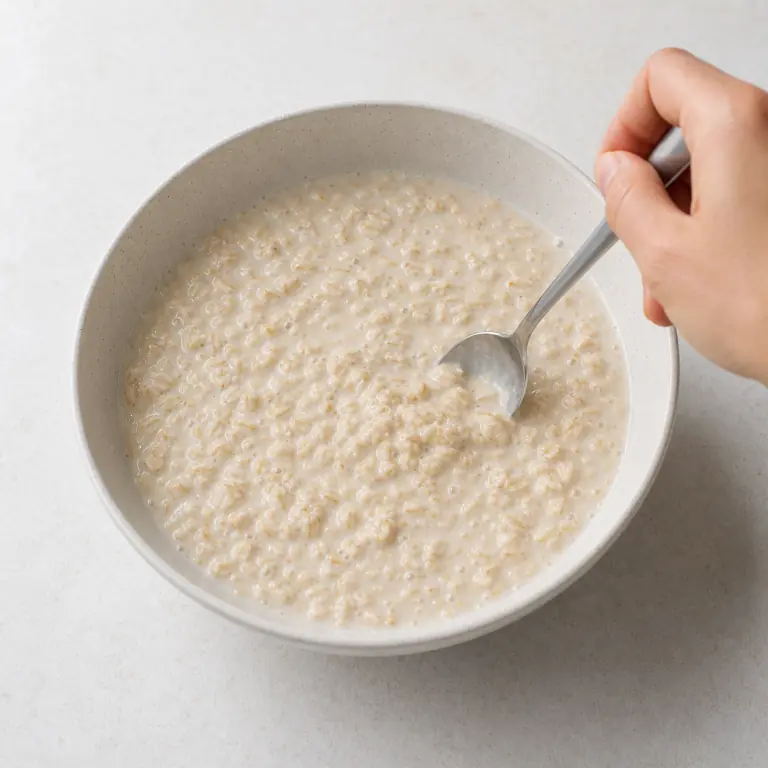 Des flocons d'avoine mélangés à la boisson soja dans un récipient, sans garniture.