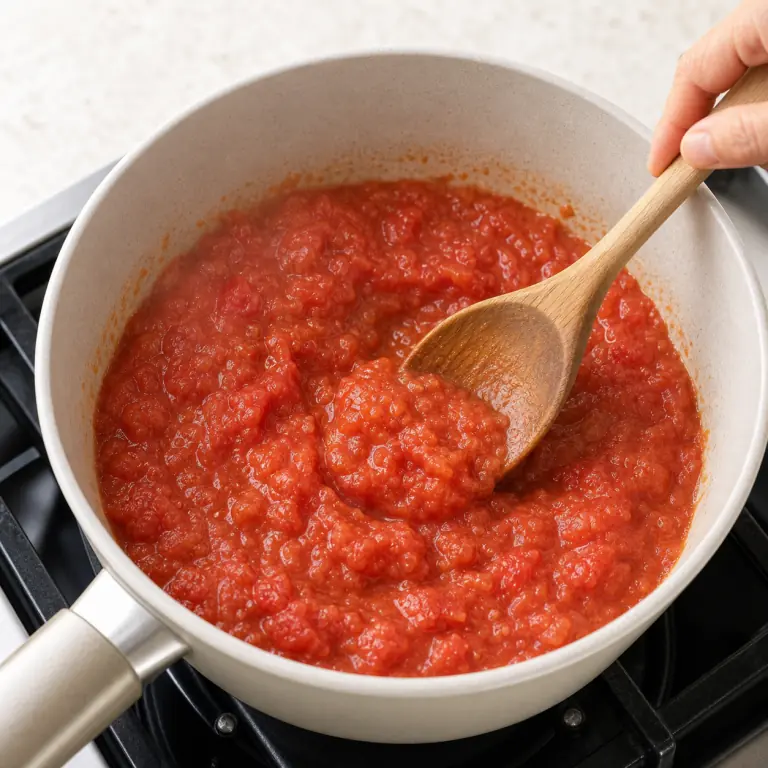 Gros plan pédagogique de laisse mijoter 200 g de tomate concassée jusqu'à ce que la sauce épaississe légèrement. Montrer le récipient exact, une main adulte avec l'ustensile adapté et la couleur ou texture qui prouve la cuisson. Aucun autre aliment ne doit masquer le résultat.