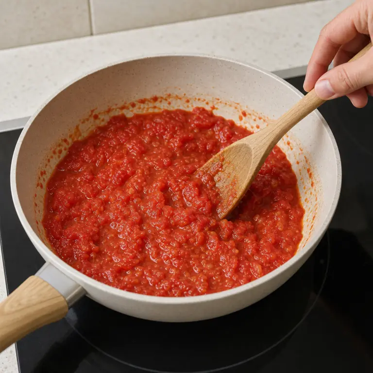Gros plan pédagogique de laisse mijoter 200 g de tomate concassée jusqu'à ce que la sauce épaississe légèrement. Montrer le récipient exact, une main adulte avec l'ustensile adapté et la couleur ou texture qui prouve la cuisson. Aucun autre aliment ne doit masquer le résultat.