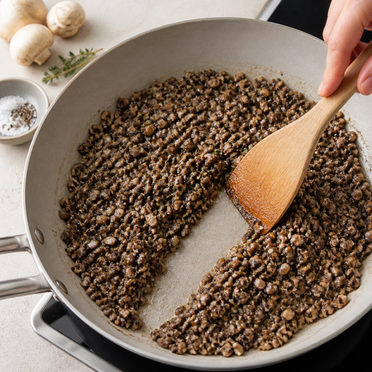 Hachis de champignons brun grisé en cours de cuisson dans une poêle claire, spatule qui trace un sillon sec au fond, brillance de margarine fondue et voile sombre de vinaigre balsamique, aucun texte, aucune marque.