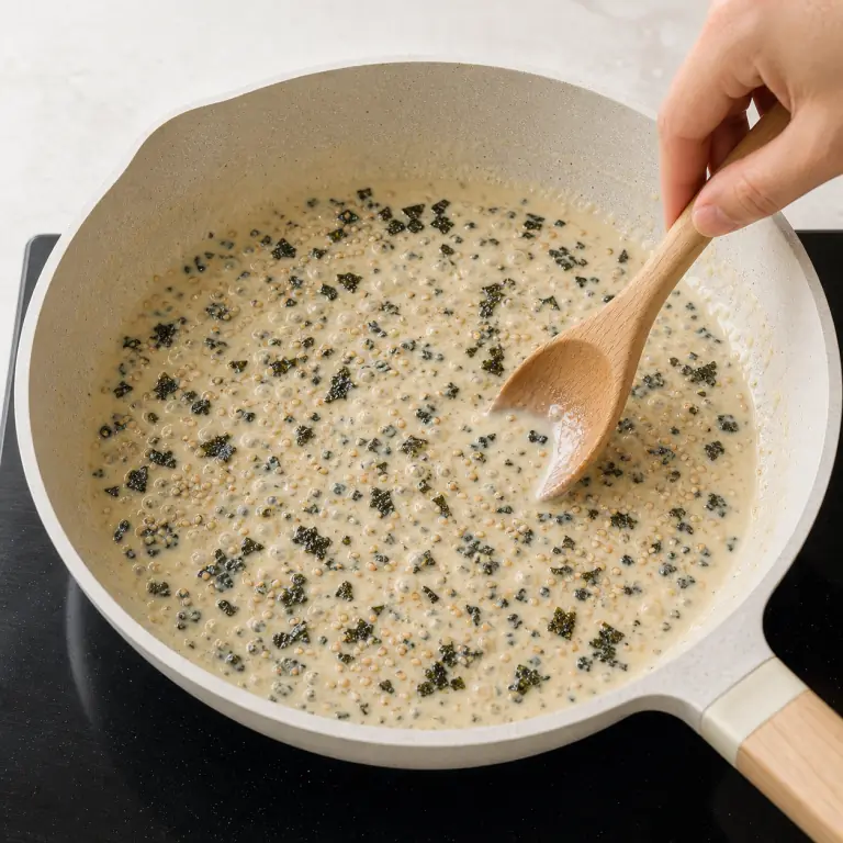 Une sauce végétale crémeuse avec paillettes de nori et graines de sésame.