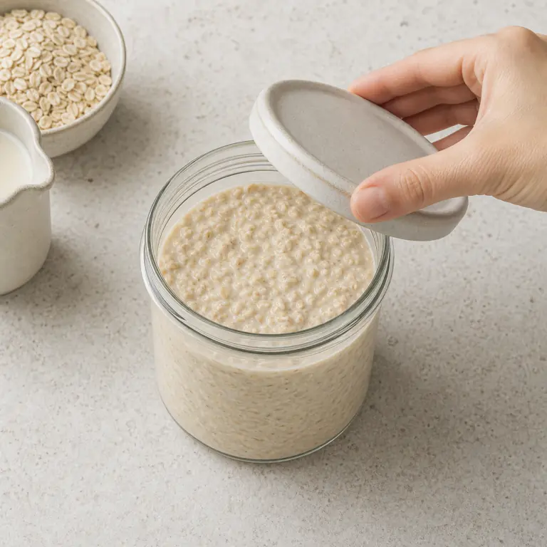 Une base d'overnight oats froide et crémeuse dans un bocal, sans garniture.