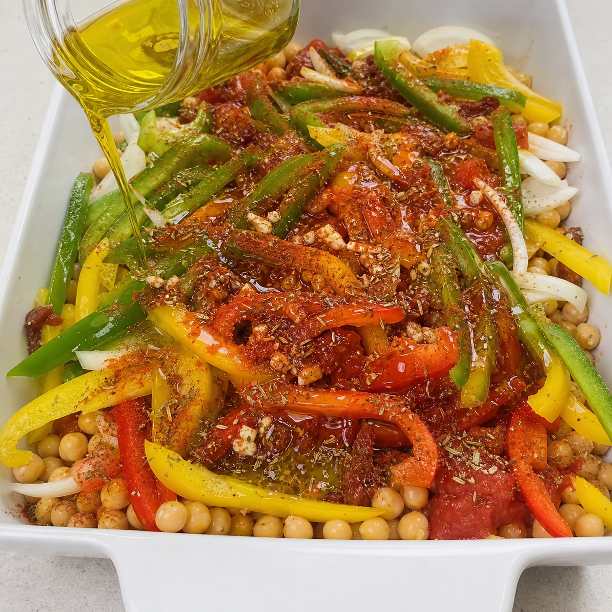 Fin filet d’huile d’olive versé sur les légumes déjà poudrés de paprika, piment et herbes, avec le sirop d’agave ajouté.