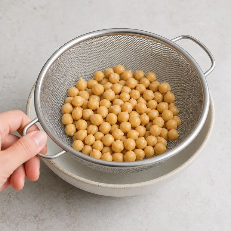 Des pois chiches rincés dans une passoire fine.