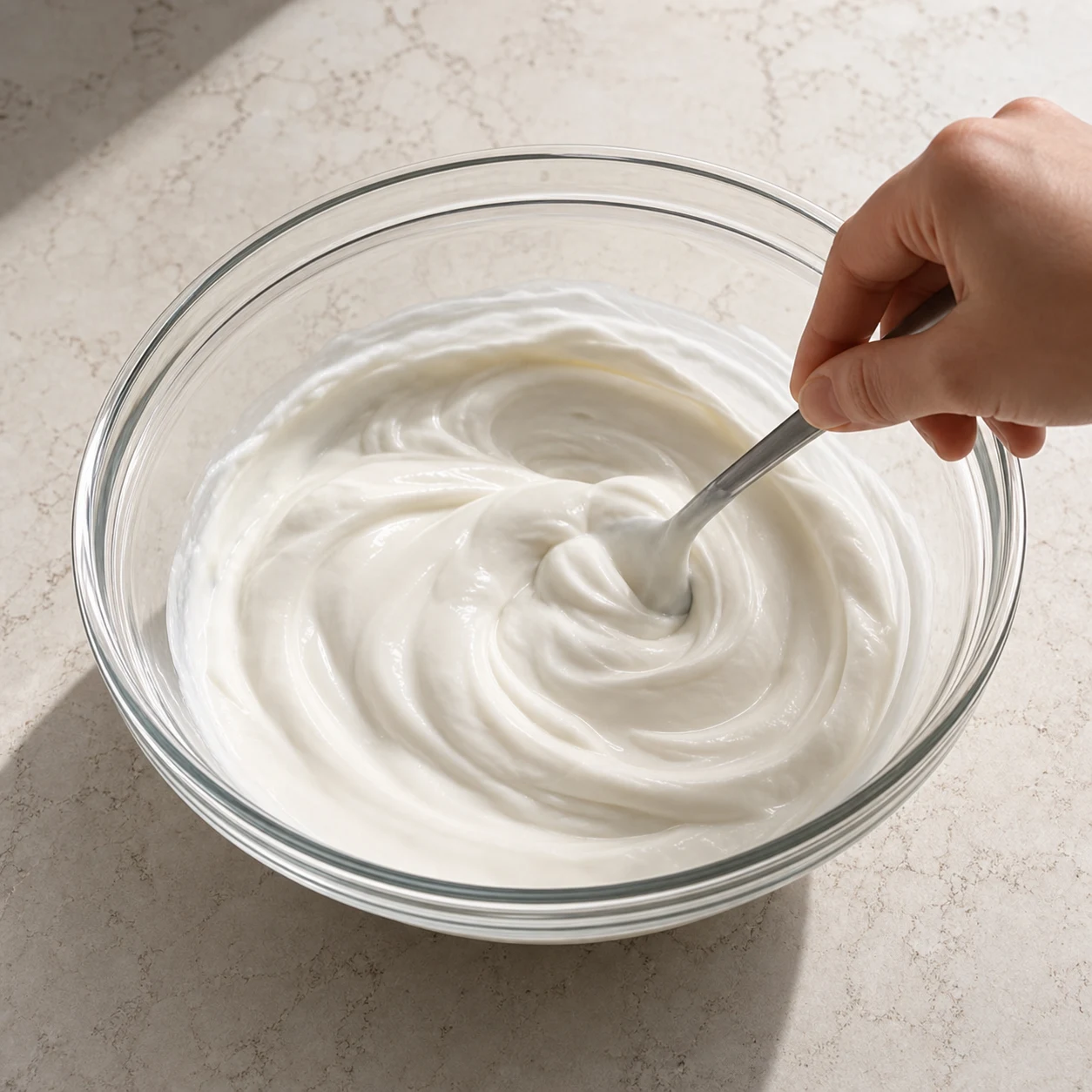 Yaourt végétal épais et crème végétale réunis dans un saladier en verre, texture blanche dense, concombre préparé en arrière-plan.