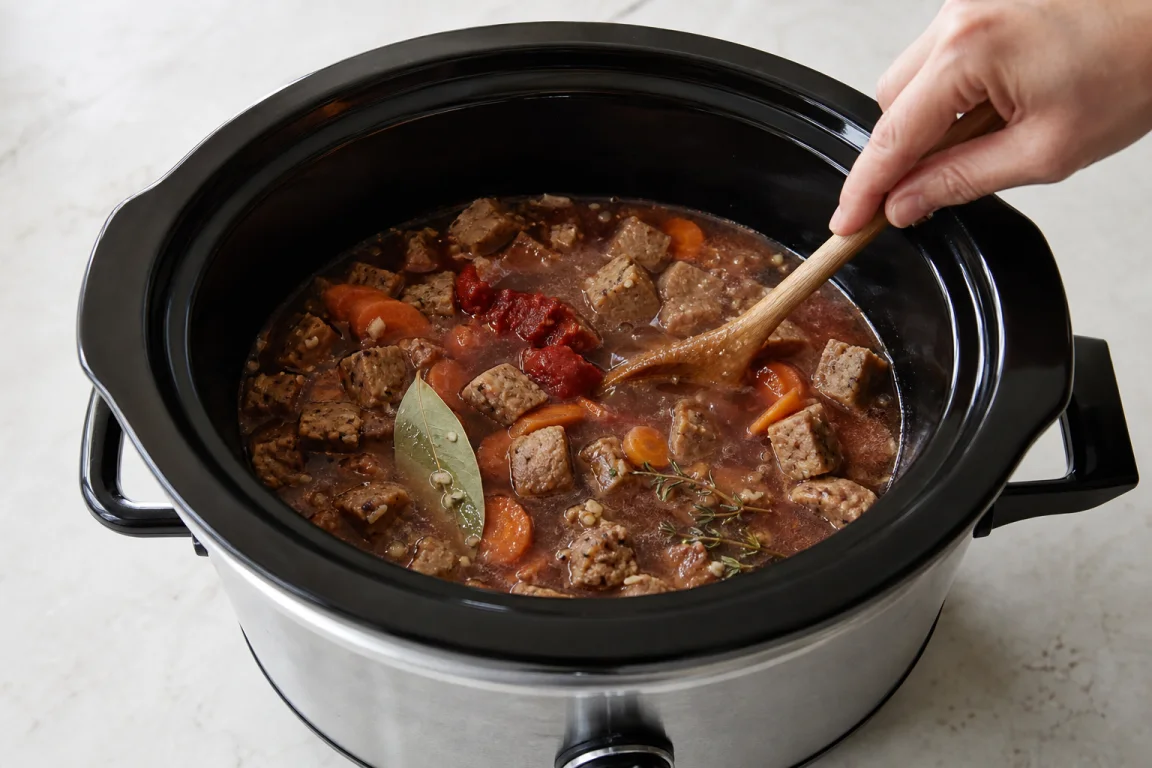Illustration de l’étape « Étape 3 » pour la recette Cuisinière lente Seitan Bourguignon.