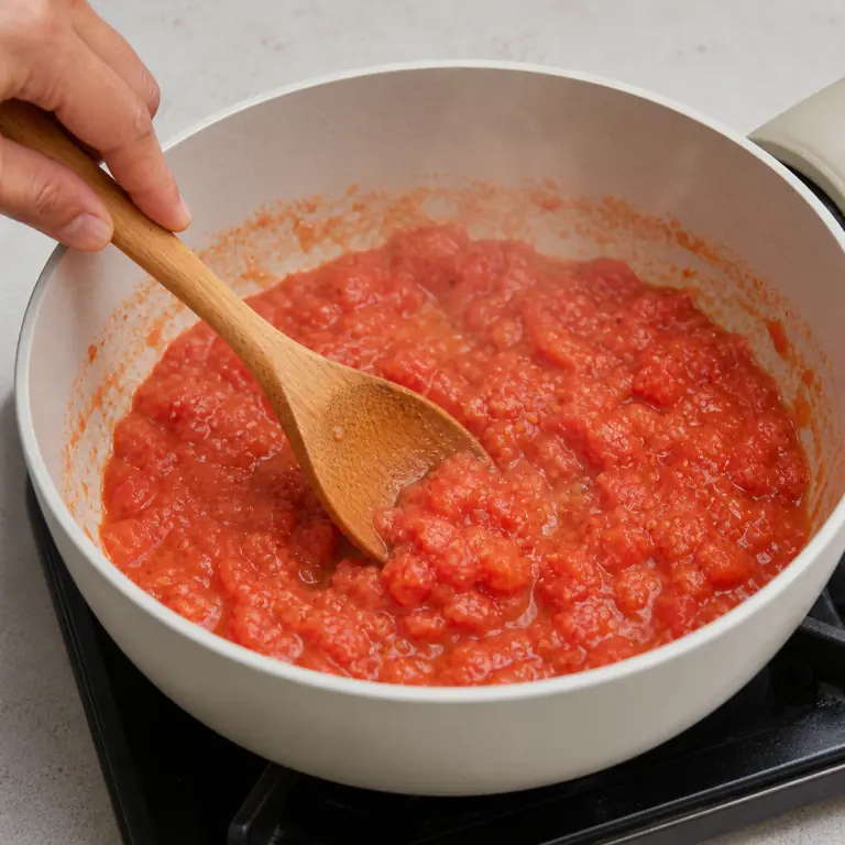 Gros plan pédagogique de laisse mijoter 200 g de tomate concassée jusqu'à ce que la sauce épaississe légèrement. Montrer le récipient exact, une main adulte avec l'ustensile adapté et la couleur ou texture qui prouve la cuisson. Aucun autre aliment ne doit masquer le résultat.