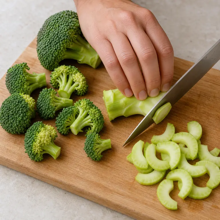 Gros plan pédagogique d'une main adulte qui rince 180 g de brocoli, détache des fleurettes de taille bouchée au couteau, puis pèle la tige et coupe-la en demi-rondelles de 5 mm, avec lame visible, doigts en griffe, portion intacte et morceaux finis de taille lisible. Aucun autre aliment sur la planche.