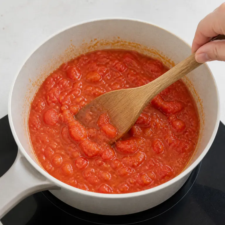 Gros plan pédagogique de laisse mijoter 200 g de tomate concassée jusqu'à ce que la sauce épaississe légèrement. Montrer le récipient exact, une main adulte avec l'ustensile adapté et la couleur ou texture qui prouve la cuisson. Aucun autre aliment ne doit masquer le résultat.
