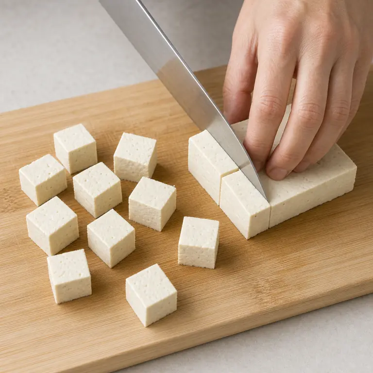 Gros plan pédagogique d'une main adulte qui égoutte et éponge 180 g de tofu, puis coupe-le en cubes réguliers de 2 cm avec les doigts repliés en griffe, avec lame visible, doigts en griffe, portion intacte et morceaux finis de taille lisible. Aucun autre aliment sur la planche.