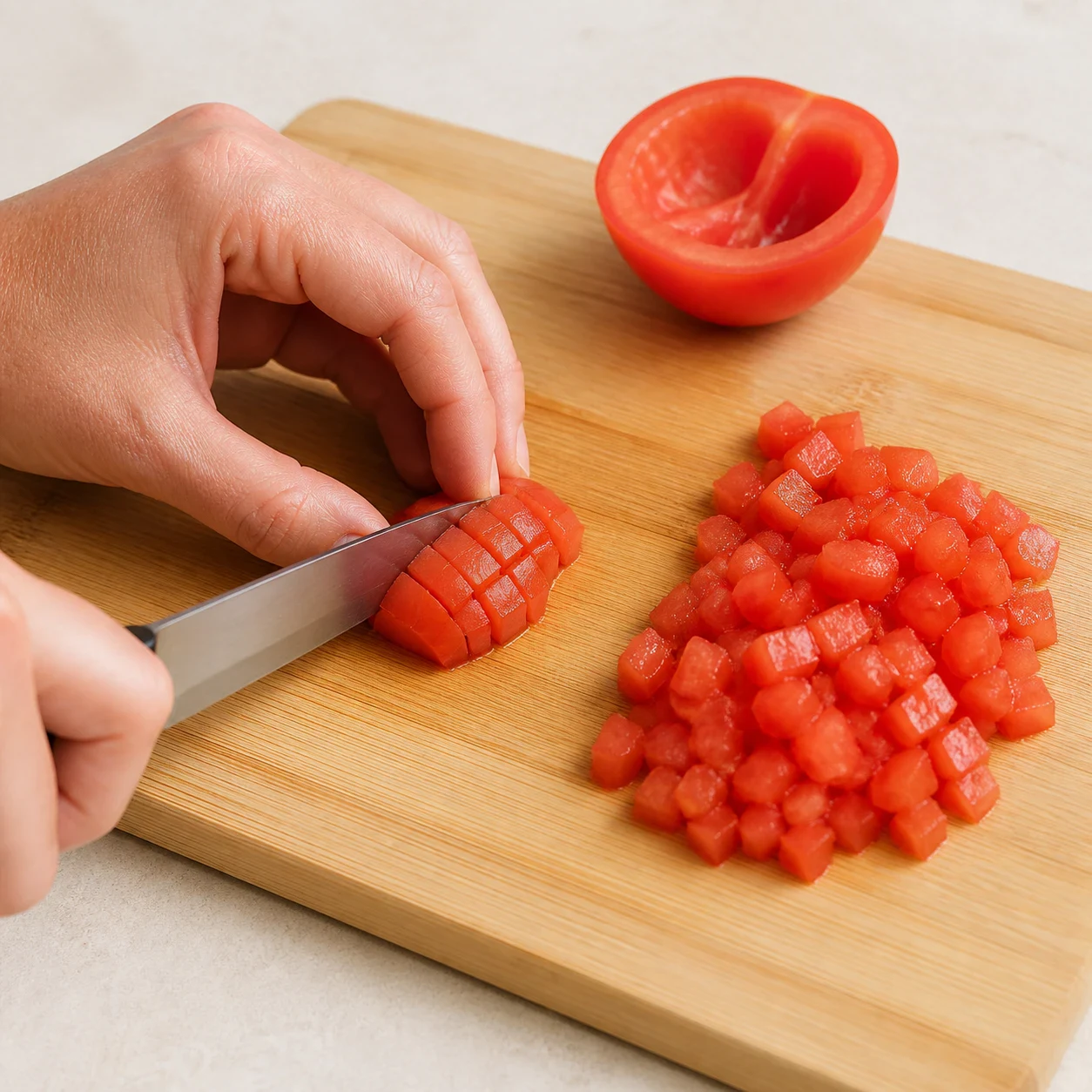 Tomates rouges dont la chair est coupée en dés de cinq millimètres sur une planche à découper en bois clair, un couteau d'office posé à côté, une demi-tomate encore entière montrant la taille visée, aucun autre ingrédient, aucun texte, aucune marque.